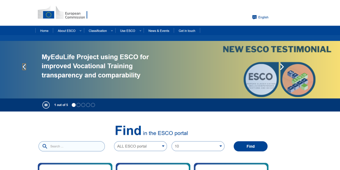 Screenshot der Startseite des ESCO-Portals mit Beitragsankündigung zum MyEduLife-Interview